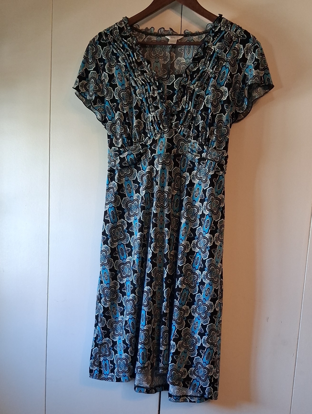 Christopher & Banks Blue and Black Floral-Print V-Neck Dress